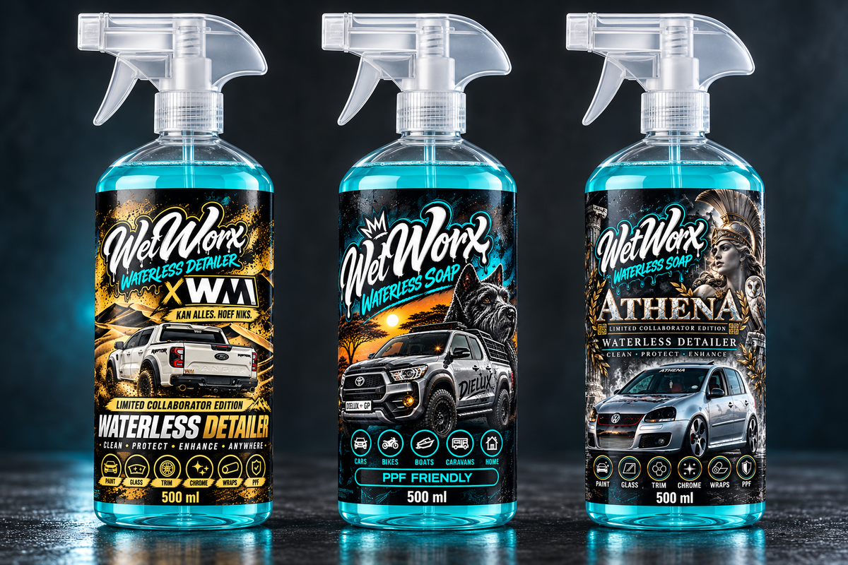 Three WetWorx 500ml collaboration bottle mockups featuring the supplied gold off-road, Dielux and Athena label designs