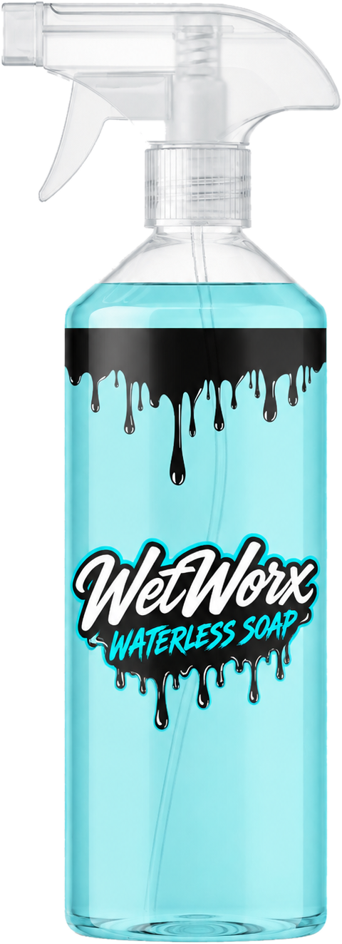Original WetWorx 500ml Waterless Soap bottle — clear trigger, turquoise liquid and original brush-script label